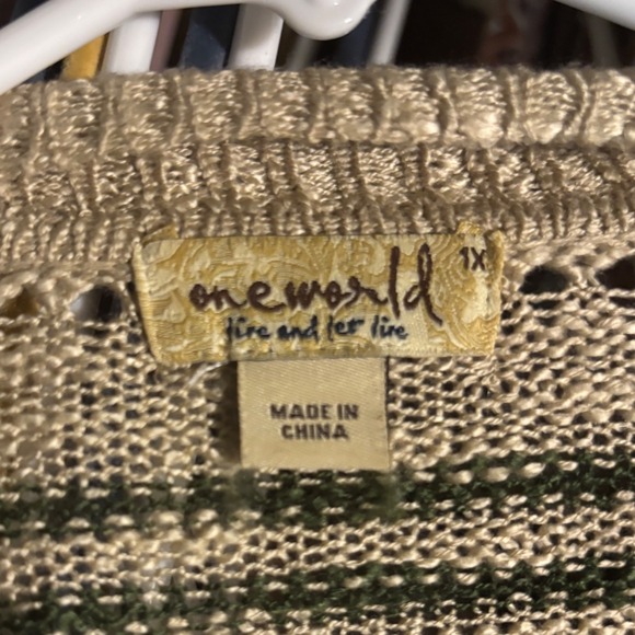 One World Fringe Open Front Cardigan Sweater Knit Boho Mustard Green - Picture 4 of 4